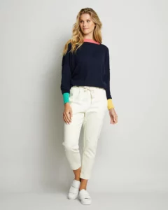 navy round neck with coloured sleeves