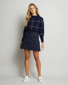 navy round neck knit with white grid print