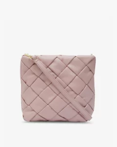 blush crossbody bag with think strap criss cross pattern on front and back